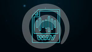 Glowing neon line WAV file document. Download wav button icon isolated on black background. WAV waveform audio file