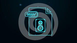 Glowing neon line WAV file document. Download wav button icon isolated on black background. WAV waveform audio file