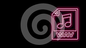 Glowing neon line WAV file document. Download wav button icon isolated on black background. WAV waveform audio file