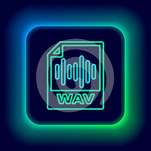 Glowing neon line WAV file document. Download wav button icon isolated on black background. WAV waveform audio file