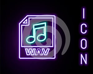 Glowing neon line WAV file document. Download wav button icon isolated on black background. WAV waveform audio file