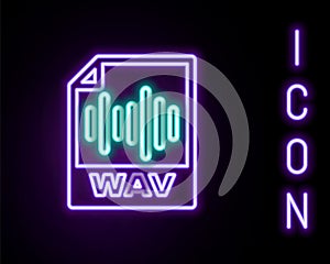 Glowing neon line WAV file document. Download wav button icon isolated on black background. WAV waveform audio file