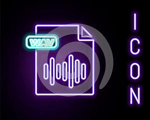 Glowing neon line WAV file document. Download wav button icon isolated on black background. WAV waveform audio file