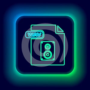 Glowing neon line WAV file document. Download wav button icon isolated on black background. WAV waveform audio file