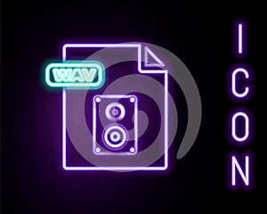 Glowing neon line WAV file document. Download wav button icon isolated on black background. WAV waveform audio file