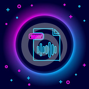 Glowing neon line WAV file document. Download wav button icon isolated on black background. WAV waveform audio file