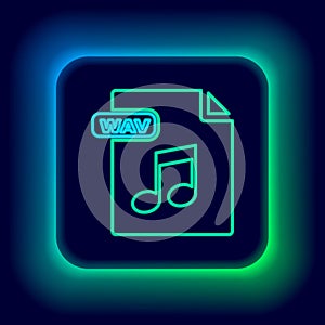 Glowing neon line WAV file document. Download wav button icon isolated on black background. WAV waveform audio file