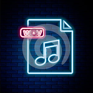 Glowing neon line WAV file document. Download wav button icon isolated on brick wall background. WAV waveform audio file