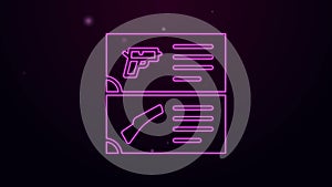 Glowing neon line Weapon catalog icon isolated on black background. Police or military handgun. Small firearm. 4K Video