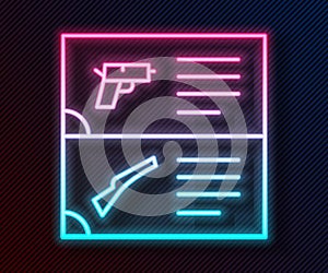 Glowing neon line Weapon catalog icon isolated on black background. Police or military handgun. Small firearm. Vector