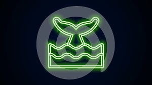 Glowing neon line Whale tail in ocean wave icon isolated on black background. 4K Video motion graphic animation