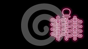 Glowing neon line Wicker fence of thin rods with old clay jars icon isolated on black background. 4K Video motion