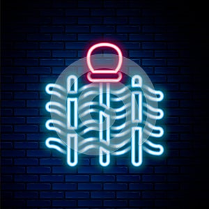 Glowing neon line Wicker fence of thin rods with old clay jars icon isolated on brick wall background. Colorful outline