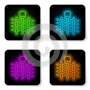 Glowing neon line Wicker fence of thin rods with old clay jars icon isolated on white background. Black square button