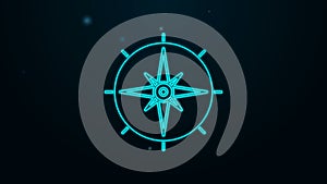 Glowing neon line Wind rose icon isolated on black background. Compass icon for travel. Navigation design. 4K Video