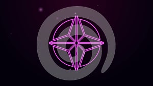 Glowing neon line Wind rose icon isolated on black background. Compass icon for travel. Navigation design. 4K Video