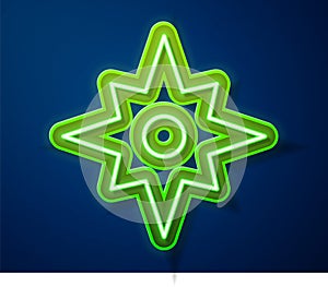 Glowing neon line Wind rose icon isolated on blue background. Compass icon for travel. Navigation design. Vector