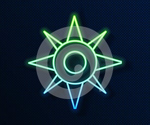 Glowing neon line Wind rose icon isolated on blue background. Compass icon for travel. Navigation design. Vector