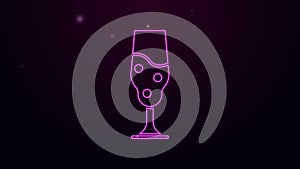 Glowing neon line Wine glass icon isolated on purple background. Wineglass icon. Goblet symbol. Glassware sign. Happy
