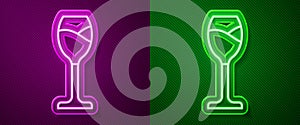 Glowing neon line Wine glass icon isolated on purple and green background. Wineglass icon. Goblet symbol. Glassware sign