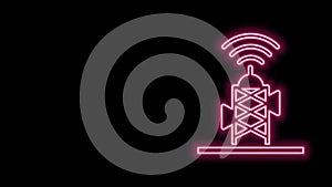 Glowing neon line Wireless antenna icon isolated on black background. Technology and network signal radio antenna. 4K