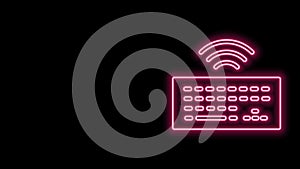 Glowing neon line Wireless computer keyboard icon isolated on black background. PC component sign. Internet of things