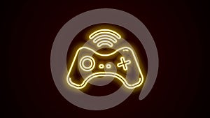 Glowing neon line Wireless gamepad icon isolated on black background. Game controller. 4K Video motion graphic animation