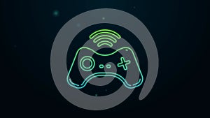 Glowing neon line Wireless gamepad icon isolated on black background. Game controller. 4K Video motion graphic animation