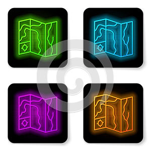 Glowing neon line World travel map with airplanes icon isolated on white background. Black square button. Vector