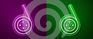 Glowing neon line Yoyo toy icon isolated on purple and green background. Vector