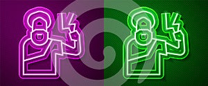 Glowing neon line Zeus icon isolated on purple and green background. Greek god. God of Lightning. Vector