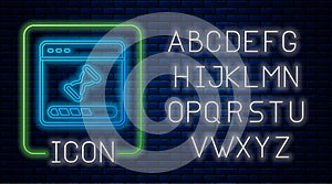 Glowing neon Loading a data window with a progress bar icon isolated on brick wall background. Neon light alphabet