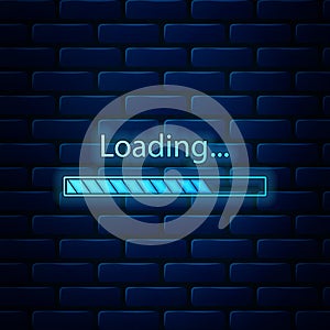 Glowing neon Loading icon isolated on brick wall background. Progress bar icon. Vector