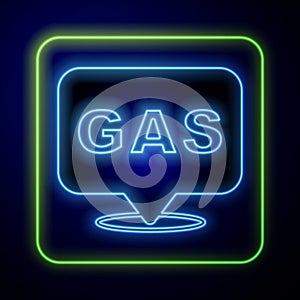 Glowing neon Location and petrol or gas station icon isolated on blue background. Car fuel symbol. Gasoline pump. Vector