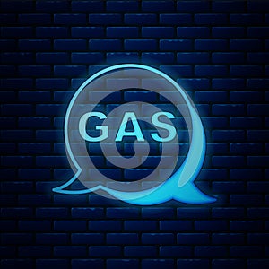 Glowing neon Location and petrol or gas station icon isolated on brick wall background. Car fuel symbol. Gasoline pump