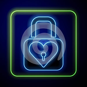 Glowing neon Lock and heart icon isolated on blue background. Locked Heart. Love symbol and keyhole sign. Valentines day