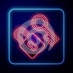 Glowing neon Lock with key icon isolated on black background. Love symbol and keyhole sign. Vector