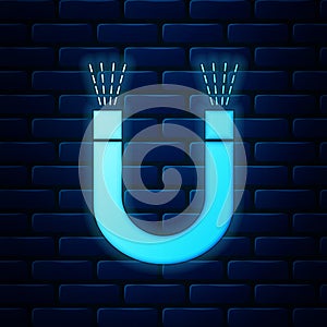 Glowing neon Magnet icon isolated on brick wall background. Horseshoe magnet, magnetism, magnetize, attraction. Vector