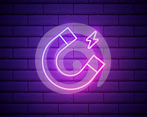 Glowing neon Magnet icon isolated on brick wall background. Horseshoe magnet, magnetism, magnetize, attraction. Vector
