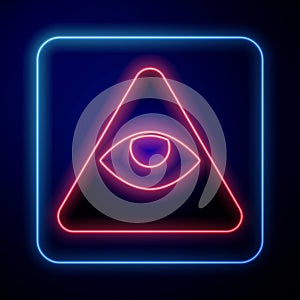 Glowing neon Masons symbol All-seeing eye of God icon isolated on blue background. The eye of Providence in the triangle