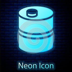 Glowing neon Metal beer keg icon isolated on brick wall background. Vector