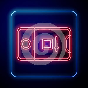 Glowing neon Mobile phone with record frame camera icon isolated on black background. Mobile app application. Photo and