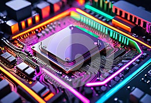 Glowing Neon Motherboard: Symbol of Ai Advancement