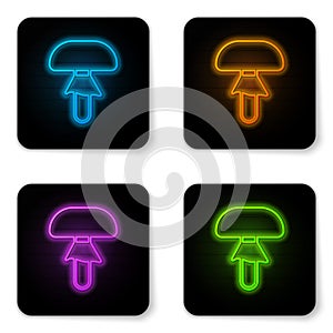 Glowing neon Mushroom icon isolated on white background. Black square button. Vector