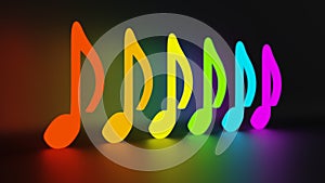 Glowing neon music notes of rainbow colors placed on black glossy background. Concept of party, celebration. Reflection on the