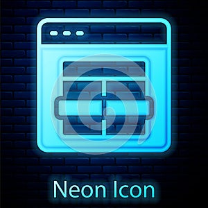 Glowing neon MySQL code icon isolated on brick wall background. HTML Code symbol for your web site design. Vector