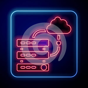 Glowing neon Network cloud connection icon isolated on blue background. Social technology. Cloud computing concept. Vector