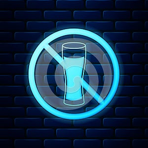 Glowing neon No alcohol icon isolated on brick wall background. Prohibiting alcohol beverages. Forbidden symbol with