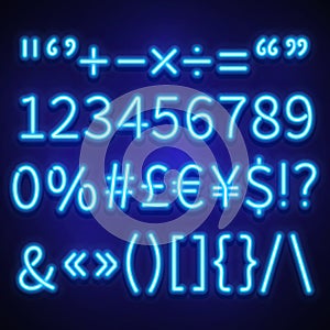 Glowing neon numbers, text symbols and currency signs vector typeset, font photo