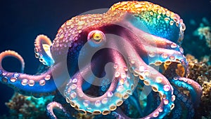 Glowing neon octopus on the coral reef. Generative Ai.